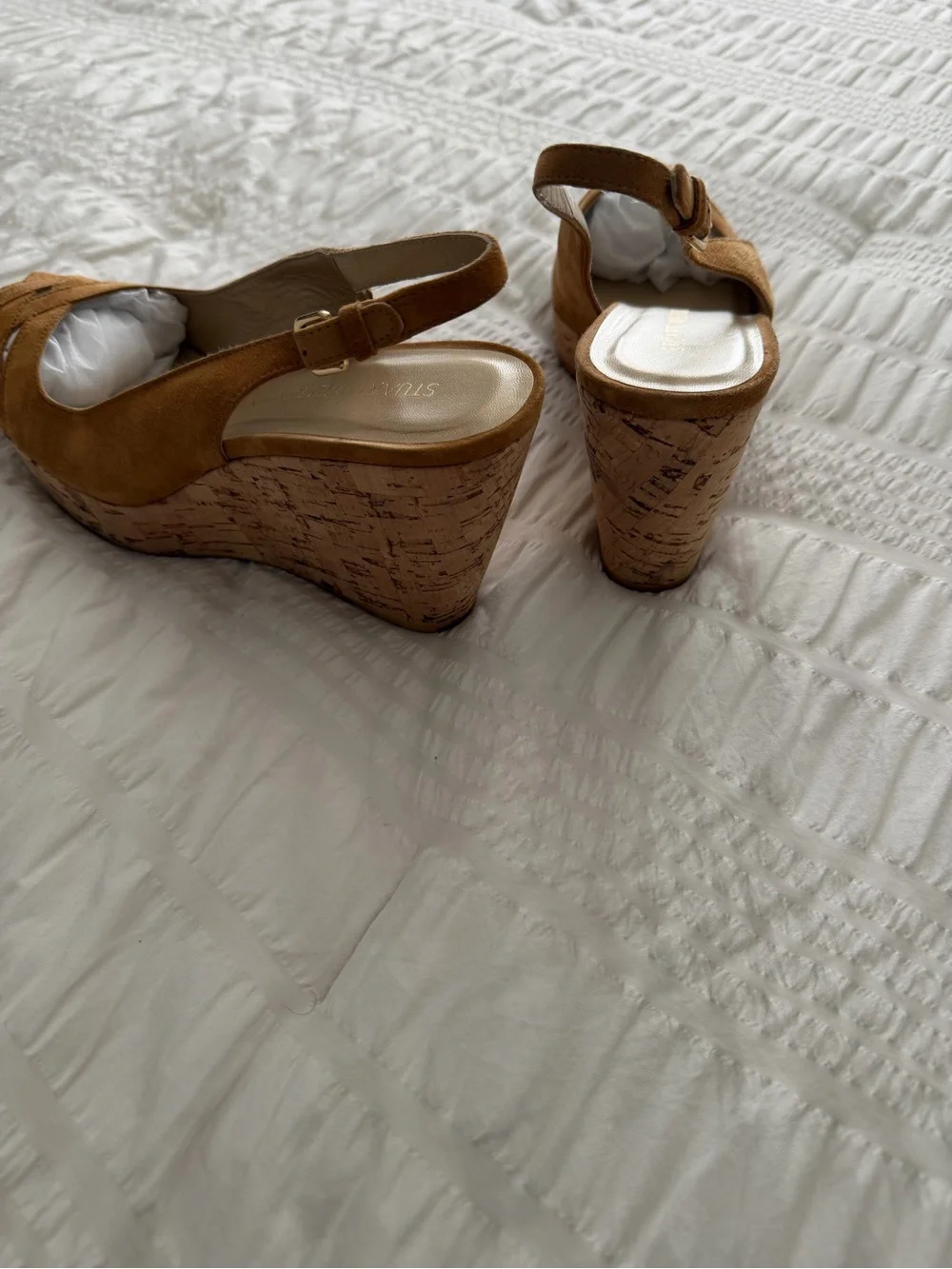 Stuart Weitzman Peep-Toe Tan Suede Cork Wedge Slingbacks